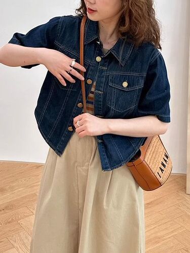 Women's Short Sleeve Denim Jacket Blouse Thin Version Summer Design Sense Minority Retro Hong Kong Style Collar Short Top Women's Trendy