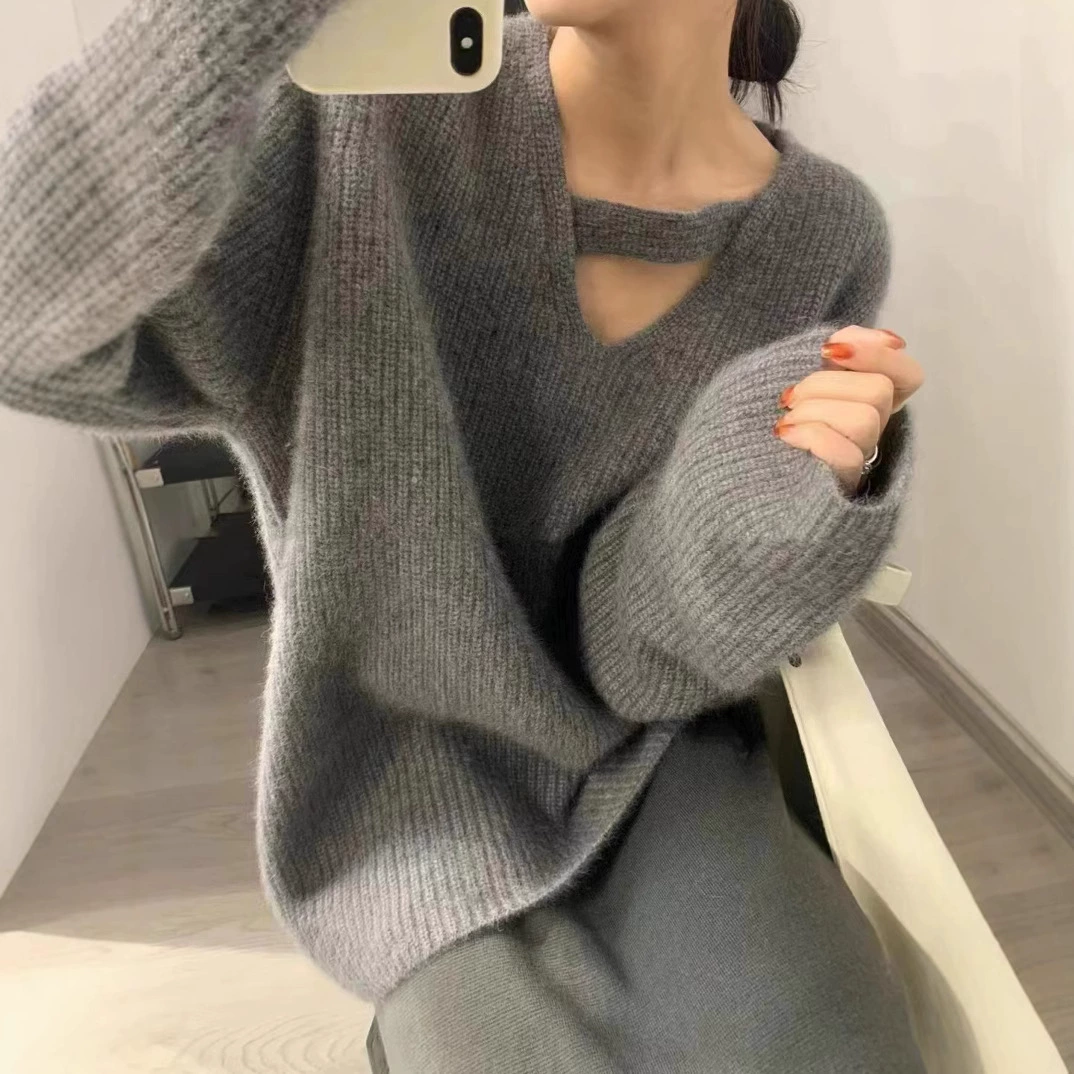 Серый мягкий вощеной свободный свитер женский модный осенне-зимний дизайн Sense Niche Sense Advanced Sense вязаный пуловер в ленивом стиле оптом