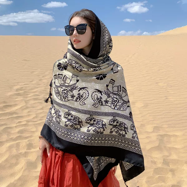 New Silk Scarf for Women, Sun Protection Travel Shawl, Seaside Vacation Beach Towel, Ethnic Style, Versatile, Beautiful Photo-Taking Thin Scarf