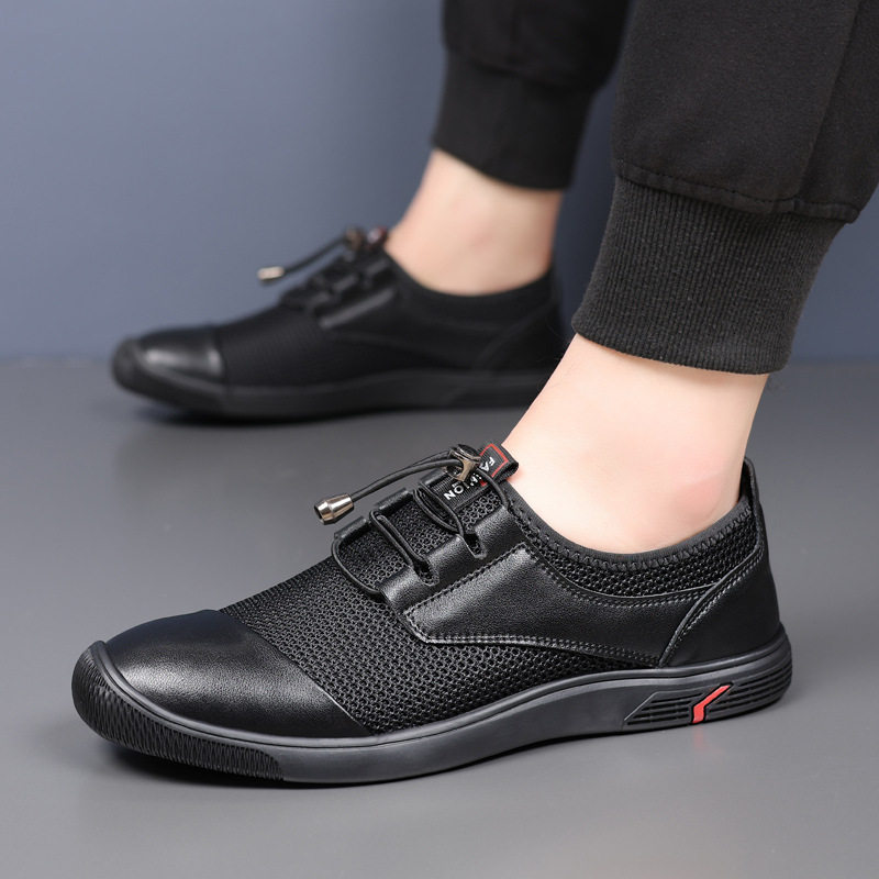 Giày nam lười xỏ chân lưới dệt thoáng khí nhẹ mỏng, giày thể thao casual đế bằng gót thấp — Màu trắng ngà, màu đen