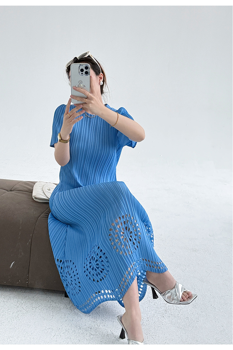 Váy maxi xếp ly đốt hoa tay ngắn phong cách Pháp — Màu xanh da trời chi tiết 10