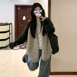 慵懒风灰色长袖开衫毛衣女秋冬年新款拼接撞色针织衫上衣外套新品