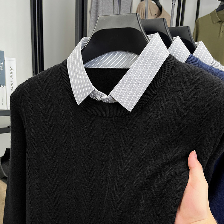 Jacquard de color sólido nuevo hombre falso dos piezas de camisa de punto de negocios solapa de moda camisa de punto de color sólido suéter de cuello