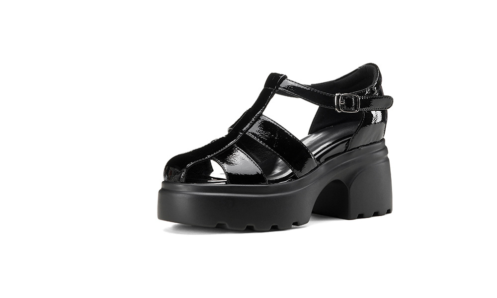 Sandal bít mũi gót cao 10cm khóa chữ T họa tiết rỗng đế dày bánh xốp — Màu đen, Màu trắng chi tiết 18