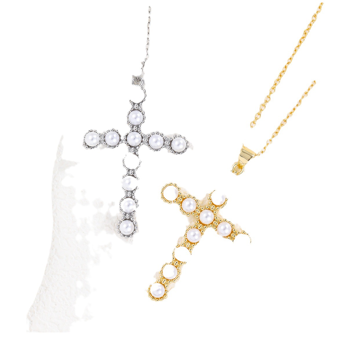 Transmisión en vivo transfronteriza venta caliente cobre chapado en oro real cruz con cuentas collar de diseño personalidad exquisita cadena de clavícula salvaje al por mayor