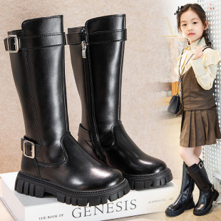 2024 Fashionable Winter New Warm Black Zipper High-Top Fleece-Lined Girls' Shoes Non-Slip Korean Style Snow Leather Boots