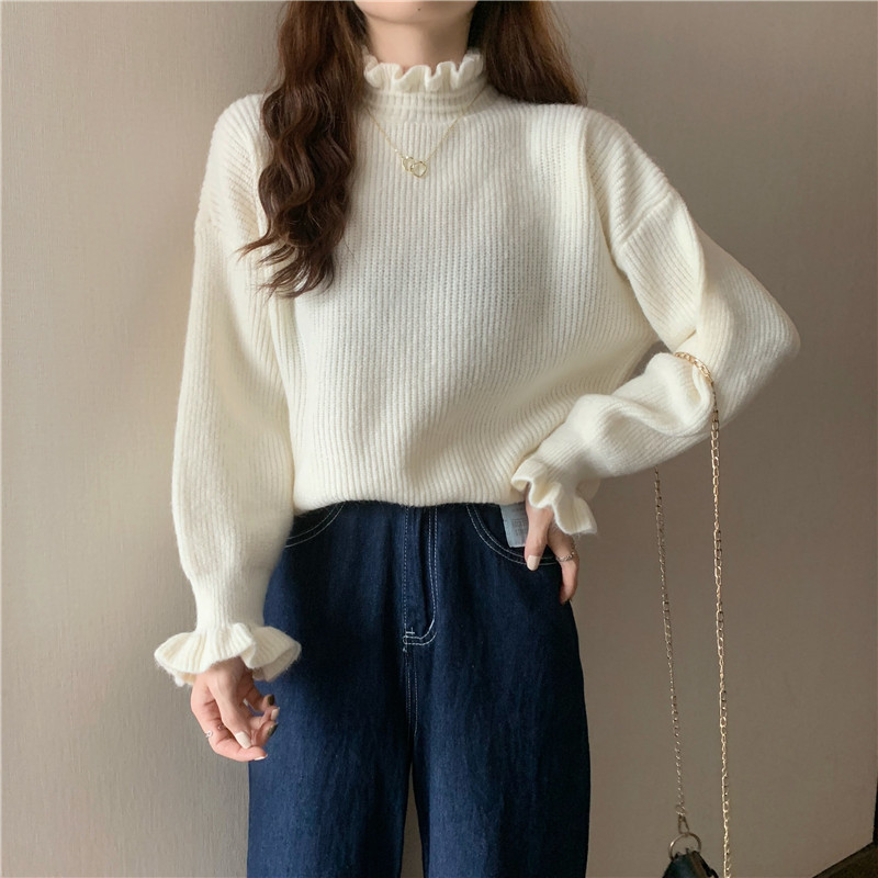 Ruffled Trim Half-Turtleneck Sweater for Women, Autumn and Winter, Plus Size, Loose Fit, Long Sleeve, Base Layer Top for Plus-Size Girls Ruffled Trim Half-Turtleneck Sweater for Women, Autumn and Winter, Plus Size, Loose Fit, Long Sleeve, Base Layer Top for Plus-Size Girls
