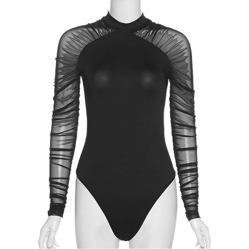 INS estilo europeo y americano 2022 primavera y verano nuevas mujeres cuello redondo moda malla costura manga larga mono de color sólido Delgado