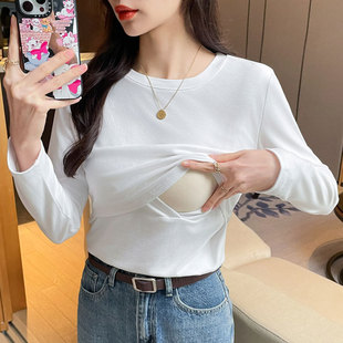 Real Shot in stock Breastfeeding Clothes Autumn and Winter Simple Cotton Thickened Breastfeeding T-Shirt Postpartum Pregnant Women's Feeding Base Top