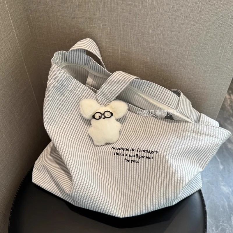 大容量帆布包新款休闲条纹慵懒简约2025通勤手提包百搭单肩托特 - Thumbnail 2