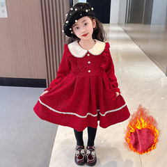 Girls' 2024 New Year Dress for Spring Festival, with Fleece and Thick Fabric, Floral Child Performance Dress, Red Warmth