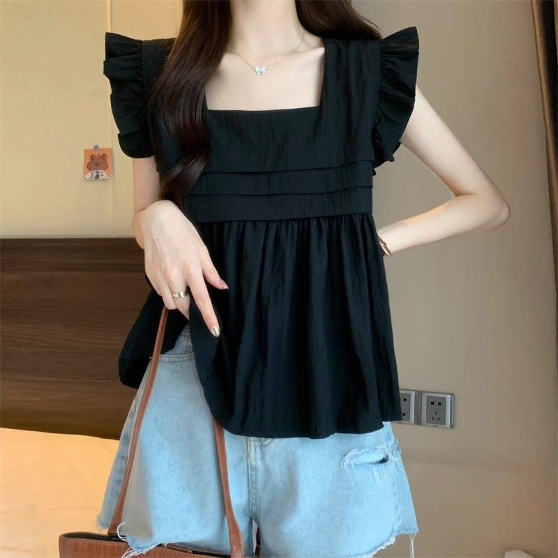 French-Style Square-Neck Sleeveless Shirt, New Summer Retro Design, Slim-Fit Short Babydoll Top with Flutter Sleeves