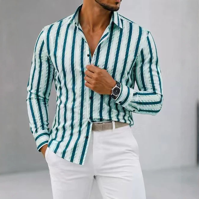 Cross-border trendy men's long-sleeved shirt with vertical stripes, light business style, wrinkle-resistant, slim fit, and casual lapel design Cross-border trendy men's long-sleeved shirt with vertical stripes, light business style, wrinkle-resistant, slim fit, and casual lapel design