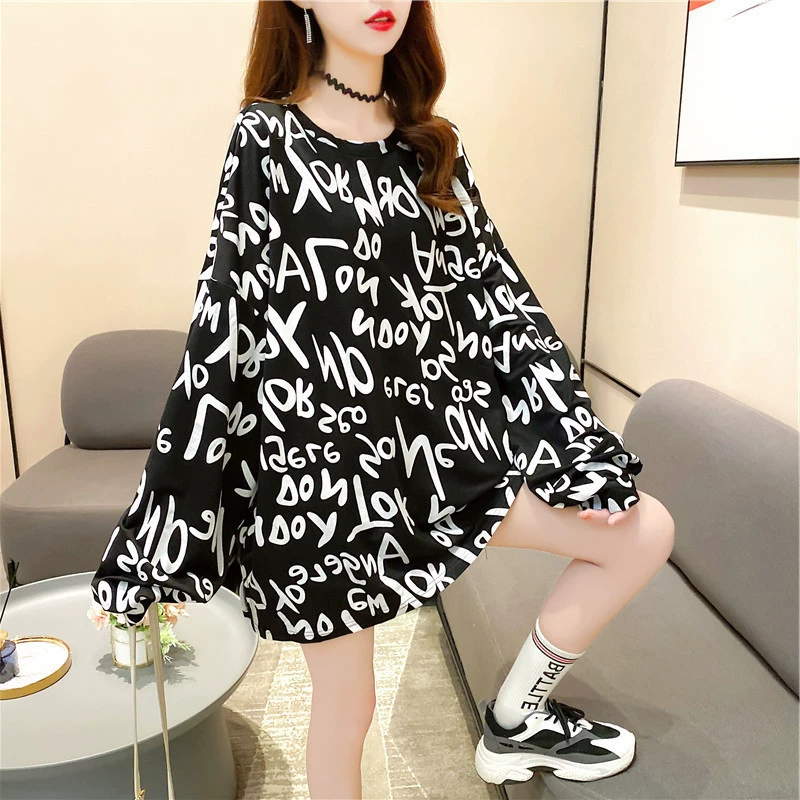 Длинная тонкая футболка с длинным рукавом, осенняя, корейский стиль, plus size, средней длины, 2020