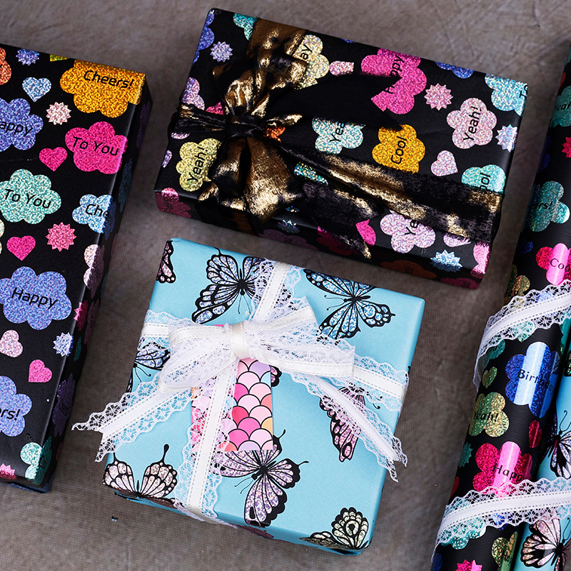 Papel brillante para el Día de San Valentín, papel con revestimiento de aluminio láser, serie de escamas de pescado de colores, rollo grande de papel de regalo para cumpleaños