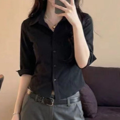 2026 Stylish Black Mid-Sleeve Shirt with Lapel Collar for Women, New 2026 Model Commuter Top