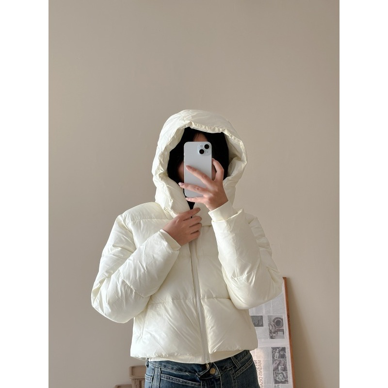 Puff cloud white hooded cotton jacket for women, winter thickened warm short style, petite size, puffer coat