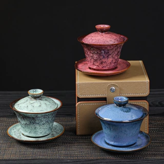 窑变釉三才盖碗功夫茶具家用大号复古带盖泡茶碗陶瓷大容量中式