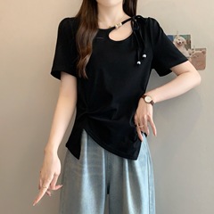 2025 新しい夏スタイルファット mm 大きいサイズの女性の不規則なツイスト半袖 T シャツストラップシックな中空ショルダートップ