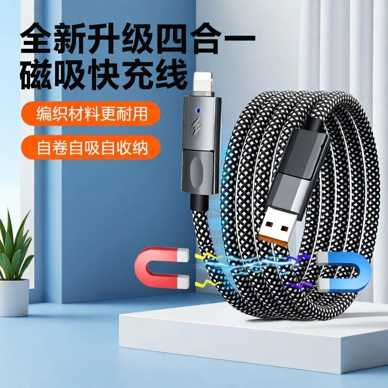 Flash Electromagnetic Suction Four-In-One Braided Storage Data Cable Suitable for Huawei and Apple Mobile Phones Two-To-Two Super Fast Charging Cable