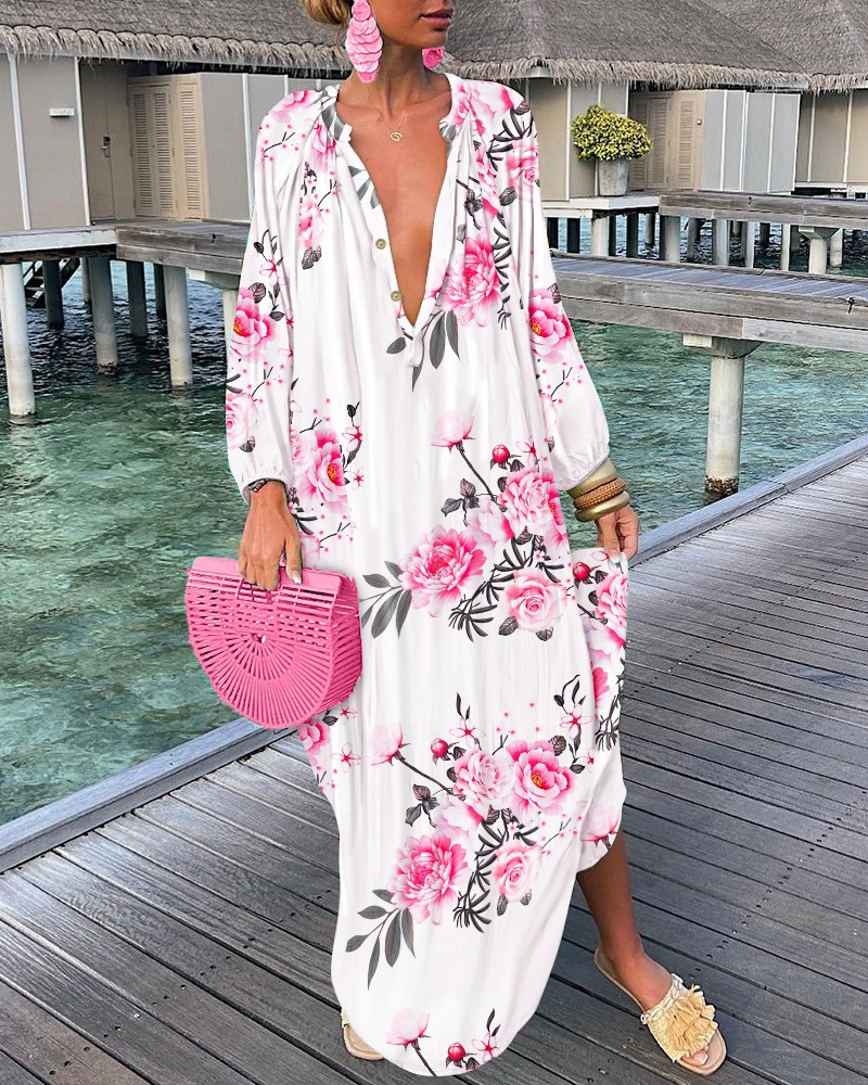 Women's Irregular Skirt Tropical V Neck Printing Contrast Binding Long Sleeve Color Block Maxi Long Dress Daily display picture 4