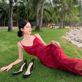 Women's Dresses 欧美跨境性感深V领法式复古修身红色吊带连衣裙