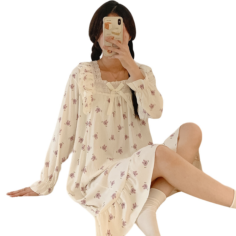 Pijamas de mujer de Primavera de algodón artificial crepé encaje camisón de manga larga ropa para el hogar de las mujeres vestido de una sola pieza de dibujos animados lindo Generación de cabello