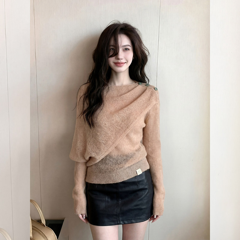 Korean-Style Design Light Spring Color Irregular Shawl Collar Knitwear 2026 Early Spring New High-End Lazy Sweater