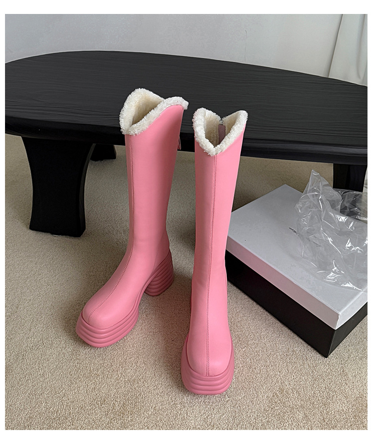 Boot nữ cổ cao gót 10 cm đế dày phong cách hiệp sĩ, miệng chữ V, lót len mùa đông — màu đen, màu hồng, Màu trắng nhạt chi tiết 17