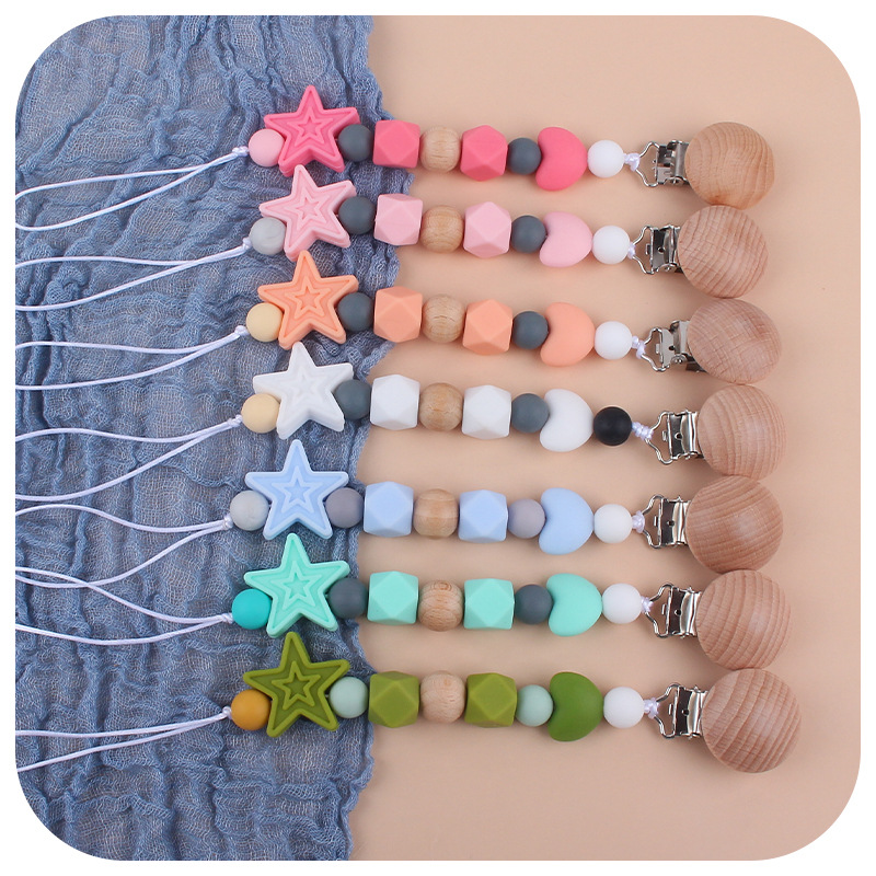 Suministros para bebés calmante clip de chupete de silicona bebé estrella de cinco puntas cadena anti-gota cuentas de silicona Cadena de chupete Comercio exterior Nuevo