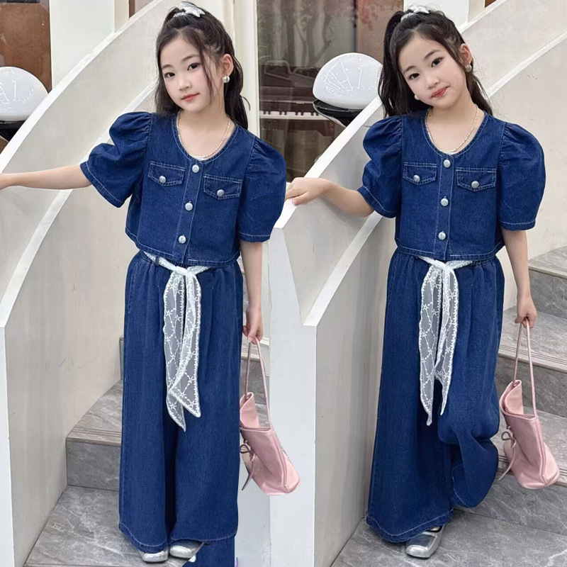Girls' Denim Set 2026 Summer New Short-Sleeve Top and Thin Wide-Leg Long Pants Two-Piece Set for Older Children