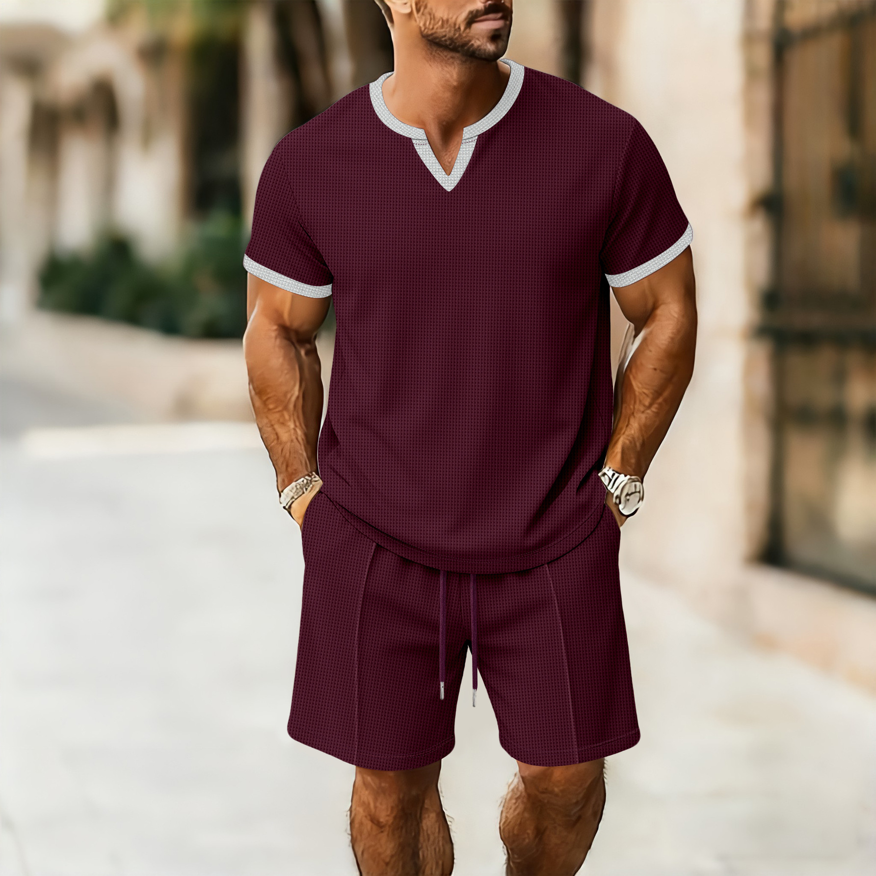 Herren Waffelstrick V-ausschnitt Set Mit T-shirt Und Kurzer Hose_voghion.com