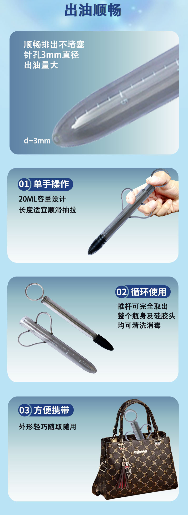Syringe-Style Lubricant Applicator, 20 cm Manual ABS Lube Dispenser, Black — detail image 5