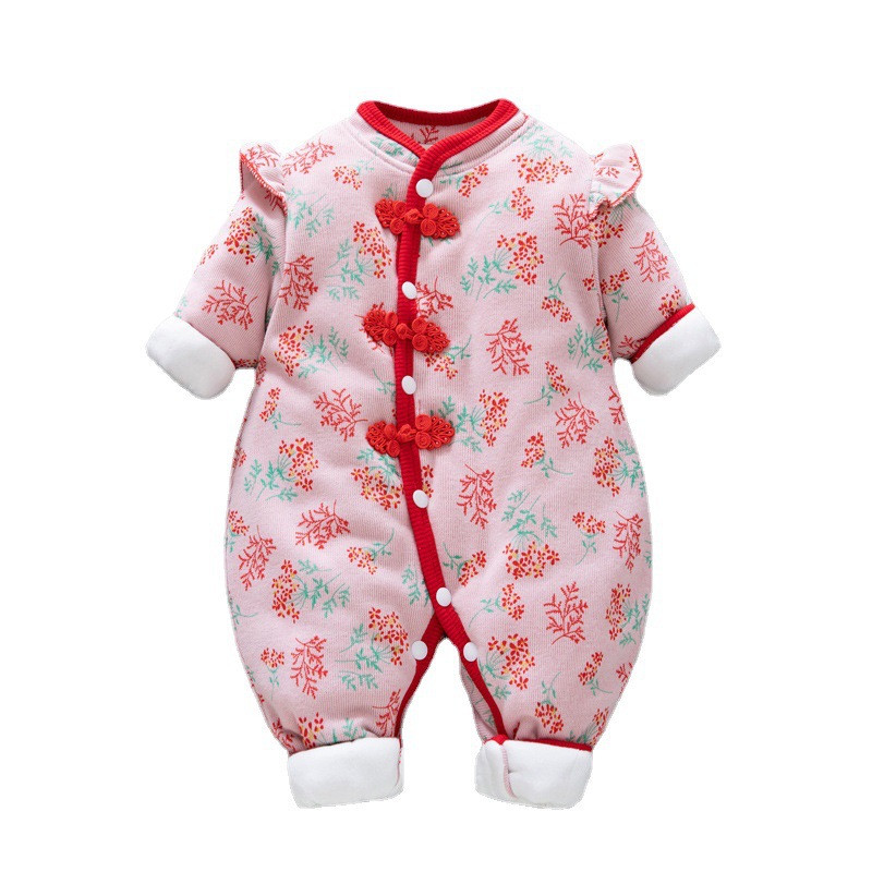 Ropa de invierno de Bebé Ropa de una pieza engrosada estilo chino Tang traje festivo Año Nuevo saludo ropa bebé niña engrosada ropa de algodón acolchado ropa de Año Nuevo