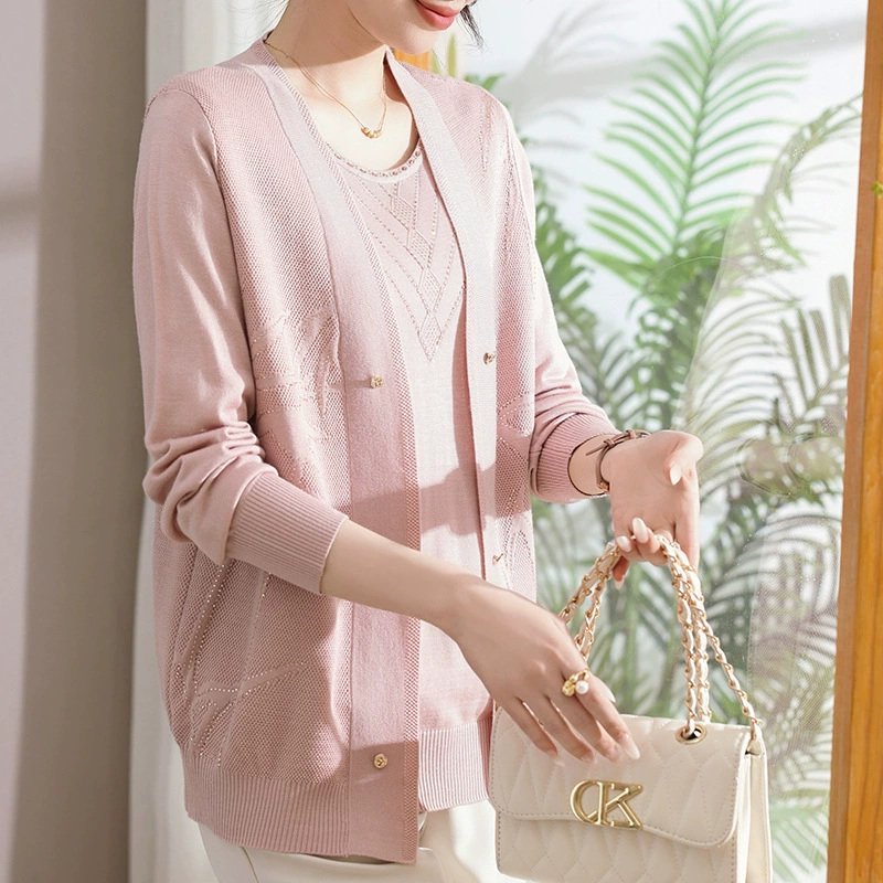 Элегантный весенний наряд для мамы, новый стильный комплект из двух предметов для женщин среднего и пожилого возраста, тонкий вязаный кардиган, модная одежда на весну и осень.
