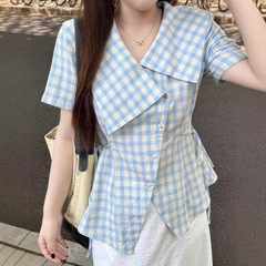 2025 新しい夏のスタイル多用途プラスサイズの女性のラペルチェック柄半袖ファット mm ルーズ痩身トップ