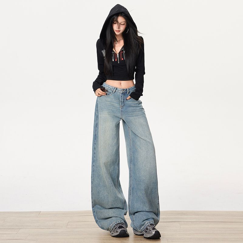 American Retro Style Distressed Washed Jeans for Women, 2026 Spring New Loose Fit Slimming Wide-Leg Straight Pants American Retro Style Distressed Washed Jeans for Women, 2026 Spring New Loose Fit Slimming Wide-Leg Straight Pants