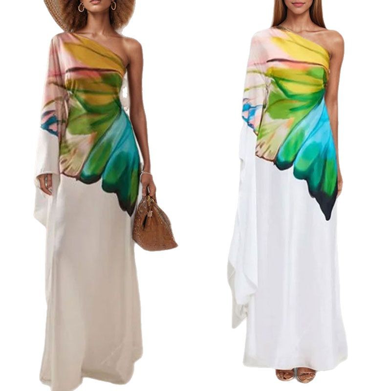 Transfronterizo 2025 Amazon primavera nueva ropa de mujer europea y americana con estampado de hombros inclinados temperamento elegante vestido delgado largo image 6