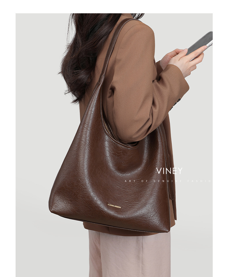 Túi tote da thật nữ đáy rộng dáng lớn đeo vai đeo chéo đi làm kiểu mới — Màu nâu chi tiết 4