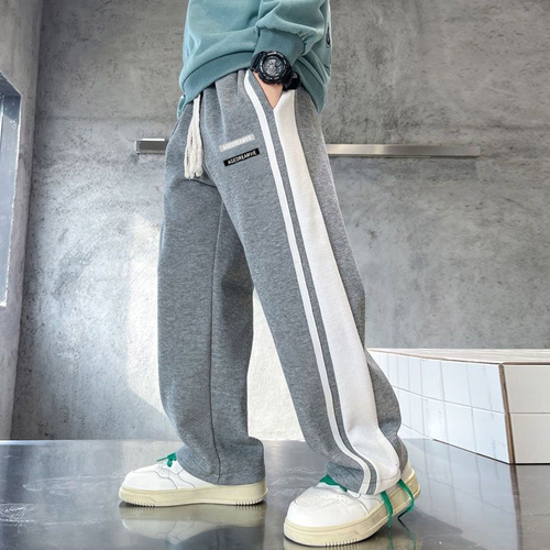 Side stripe padded and thickened integrated plush casual long pants for boys and children, suitable for spring and winter