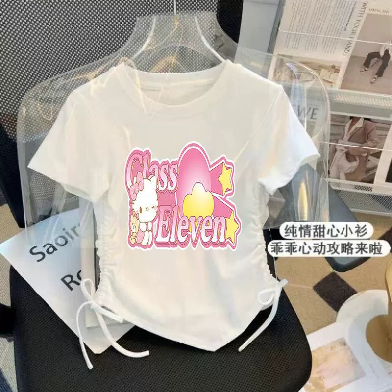 Hello kitty, шелковая летняя футболка, шнурок, с коротким рукавом, slim fit, западный стиль, для подростков