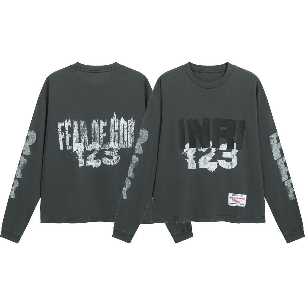 FEAR OF GOD × RRR123 INRI letras estampadas americanas camiseta de manga larga suelta para hombres y mujeres