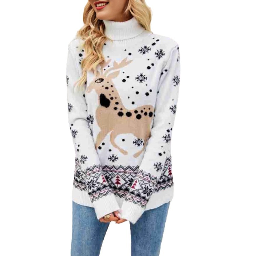 Nouveau automne et hiver Amazon commerce extérieur col roulé jacquard pull décontracté noël wapiti flocon de neige pull ample pour les femmes