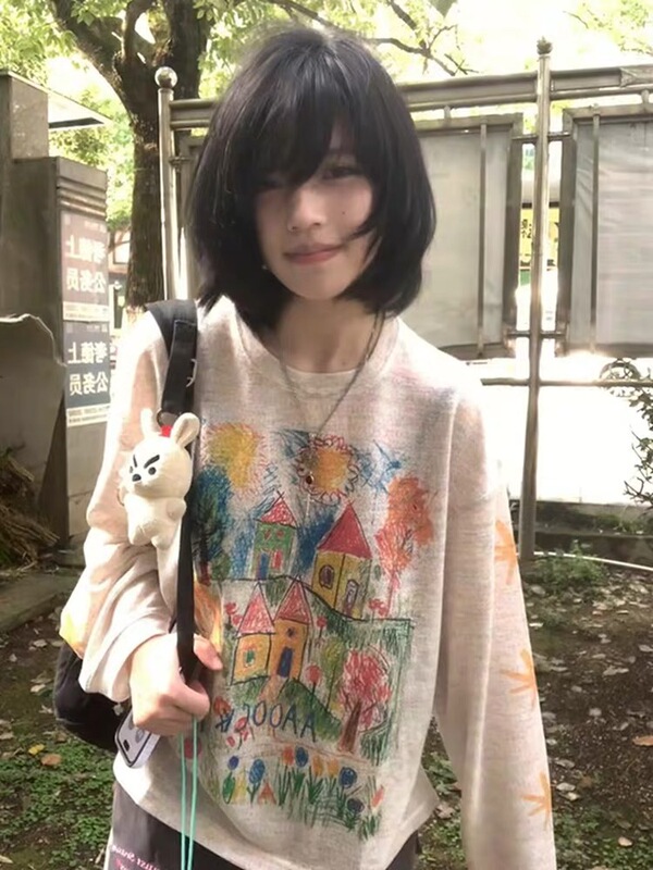 1285#实价广州原版面料 彩色手绘涂鸦防晒罩衫女网纱宽松长袖T|undefined