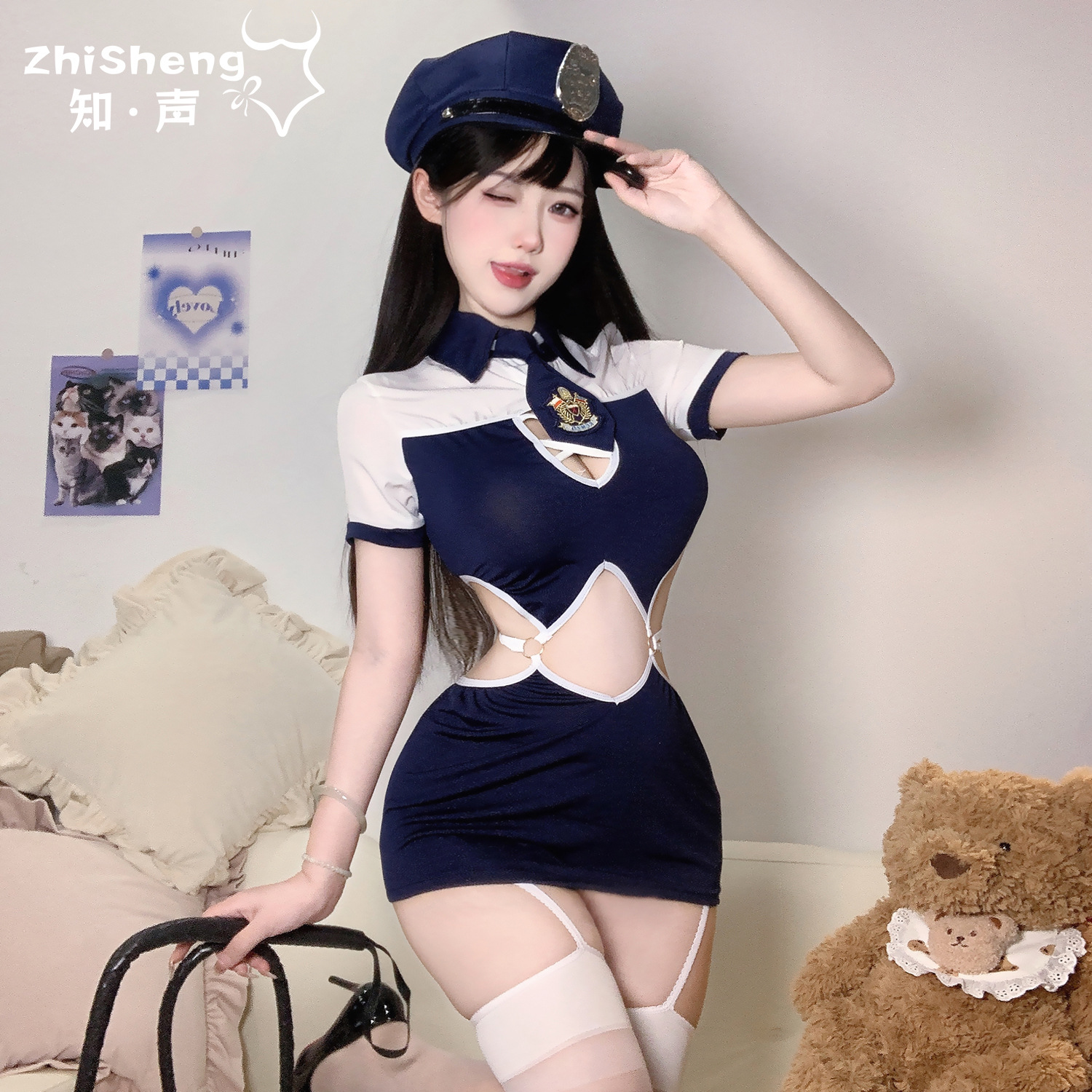 Set sail for love pure desire navy wind stewardess policewoman strap uniform COS role playing sexy underwear female 6420