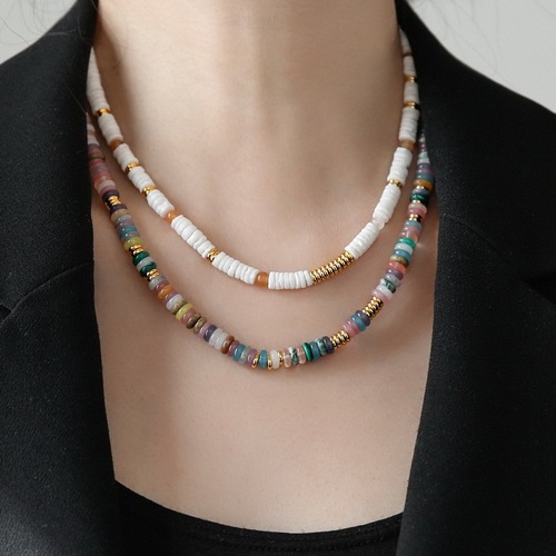 Natural stone colored flying disc necklace, original niche design, hand-beaded, vintage style stacked clavicle chain