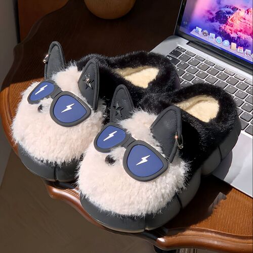 Lightning Dog Cotton Slippers for Men and Women, Winter Couple Home Slippers, Non-slip Cartoon Plush Slippers with Thick Soles, Winter