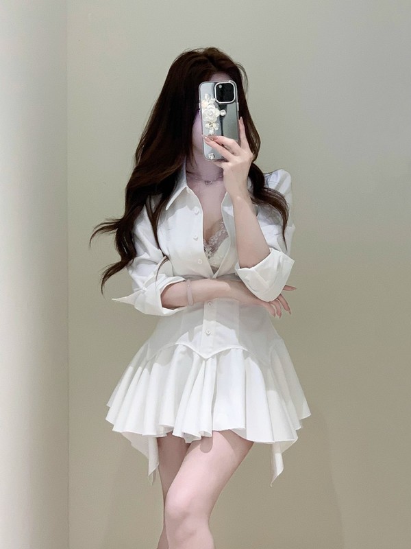纯欲风辣妹单排扣衬衫连衣裙女春季新款别致收腰显瘦气质短裙|undefined