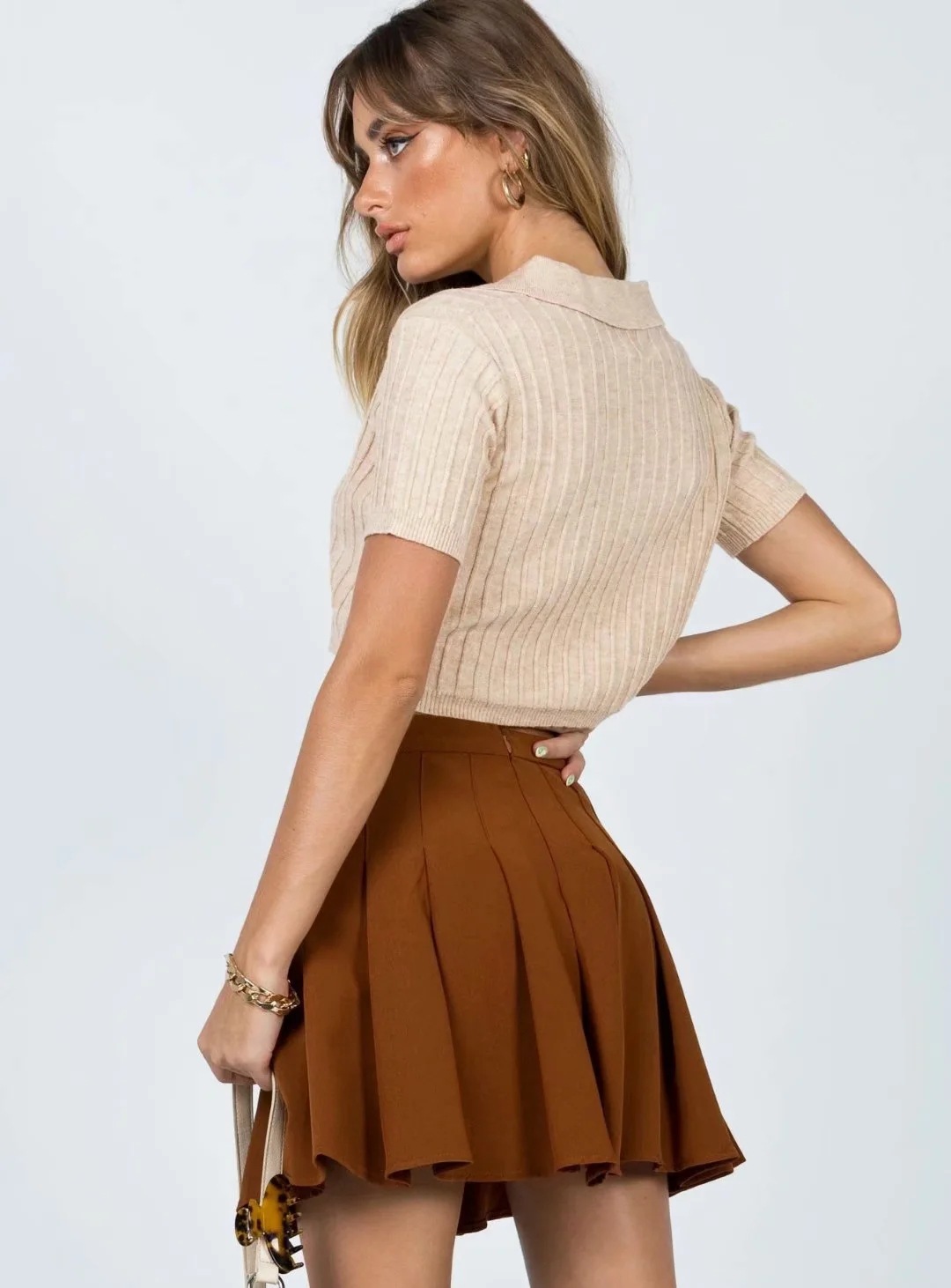 high waist solid color pleated skirt NSAC21959