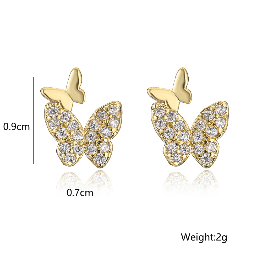fashion double butterfly earrings copper plated 18K gold zircon earrings